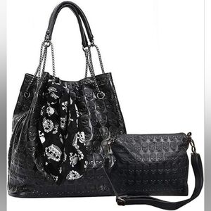 Stylish Black Skull Embossed Women's Bag Set (No Scarf)